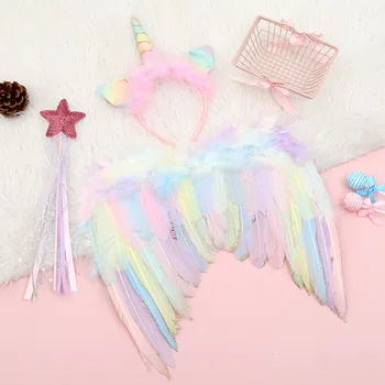 Mazā Meitene Eņģeļu Spārnu Spalvu Rotājumu Unicorn Matu Stīpas Pasaku Stick Laimīgs Unicorn Dzimšanas Dienas Svinības Dekors Bērniem Par Labu