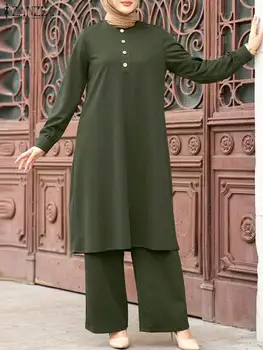 Dubai Turcija Islāma Apģērba ZANZEA Modes Musulmaņu Komplekti, Divas Gabals Komplekti Sieviešu Outifits Rudens garām Piedurknēm Blūze Bikses Uzvalki