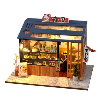 Japāņu Leļļu Nams Miniatūras DIY Namiņš Simulācijas Suši Veikalā Modelis Rotaļlietas, Koka Mēbeles Bērniem Rotaļu Namiņš Piederumi