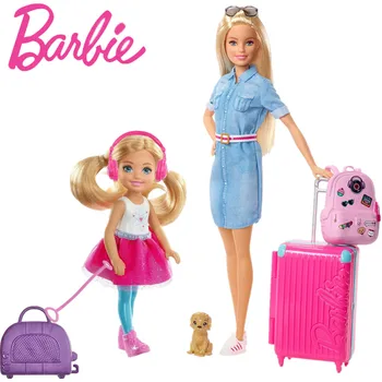 Sākotnējā Barbie Ceļojumu Rotaļlietas Lelle Barbie Chelsea Ceļojumu Lelle Ar 10+ Piederumi Meitenes Dzimšanas diena Rotaļlietu Dāvanu FWV25 FWV20